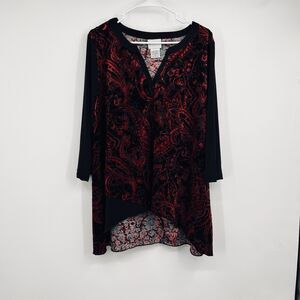 Womens Blouse Red Blk  XL Asymmetrical Burnout Fairy Fairygoth Whimsical